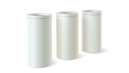Set of round tins of packaging for bulk products. Container cylindrical shaped, icon of blank round tin cans template. Vector 3D illustration isolated on white background.
