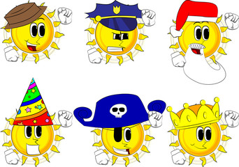 Cartoon sun making power to the people fist gesture. Collection with costume. Expressions vector set.