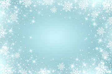 Snow frost Effect . Abstract bright white shimmer lights and snowflakes. Glowing blizzard. Scatter falling round particles.