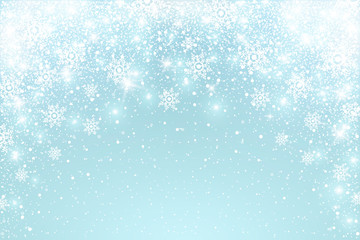 Snow frost Effect . Abstract bright white shimmer lights and snowflakes. Glowing blizzard. Scatter falling round particles.