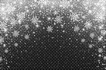 Snow frost Effect on Transparent Background . Abstract bright white shimmer lights and snowflakes. Glowing blizzard. Scatter falling round particles.