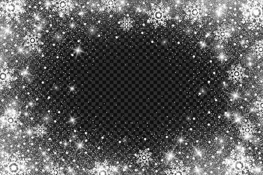 Snow frost Effect on Transparent Background . Abstract bright white shimmer lights and snowflakes. Glowing blizzard. Scatter falling round particles.