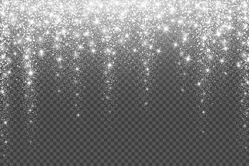 Snow frost Effect on Transparent Background . Abstract bright white shimmer lights and snowflakes. Glowing blizzard. Scatter falling round particles.