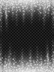 Snow frost Effect on Transparent Background . Abstract bright white shimmer lights and snowflakes. Glowing blizzard. Scatter falling round particles.