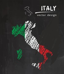 Italy national vector map with sketch chalk flag. Sketch chalk hand drawn illustration