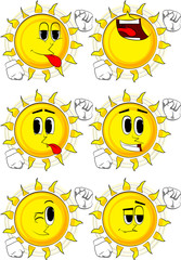 Cartoon sun making power to the people fist gesture. Collection with happy faces. Expressions vector set.