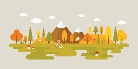 landscape of forest in autumn, flat design illustration
