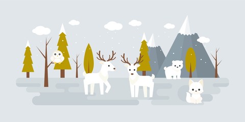 forest landscape in winter, flat design illustration