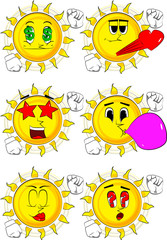 Cartoon sun making power to the people fist gesture. Collection with various facial expressions. Vector set.
