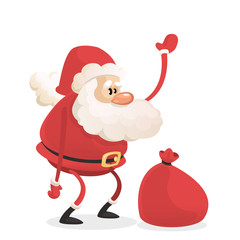 Funny cartoon Santa claus character with a red sack with gifts. Vector Christmas illustration