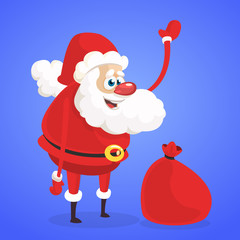Funny cartoon Santa claus character with a red sack with gifts. Vector Christmas illustration