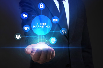 Business, Technology, Internet and network concept. Young businessman working on a virtual screen of the future and sees the inscription: Direct marketing
