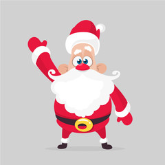 Funny cartoon Santa claus character waving hand isolated white background. Vector Christmas illustration