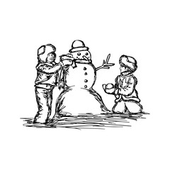 Little two boys building a snowman vector illustration sketch hand drawn with black lines, isolated on white background