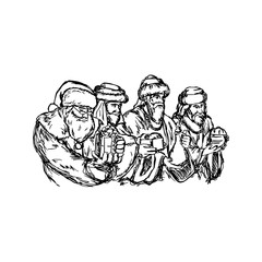 three wise men and santa claus vector illustration sketch hand drawn with black lines, isolated on white background