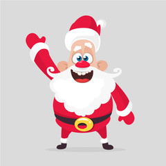 Funny cartoon Santa claus character waving hand isolated white background. Vector Christmas illustration