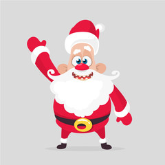 Funny cartoon Santa claus character waving hand isolated white background. Vector Christmas illustration