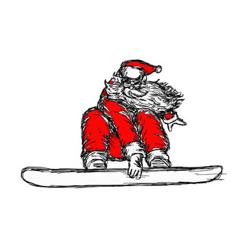 Santa Claus on snowboard vector illustration sketch hand drawn with black lines, isolated on white background