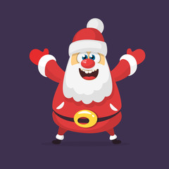 Funny cartoon Santa claus character waving hands isolated white background. Vector Christmas illustration