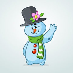Funny cartoon snowman waving. Christmas snowman character  illustration isolated