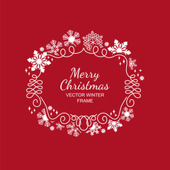 White snowflake frame, festive decoration on red background, Christmas design for invitation, greeting card or postcard. Vector illustration, merry xmas flake framework