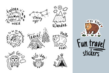 Big vector set of cartoon sticker for camping in outline