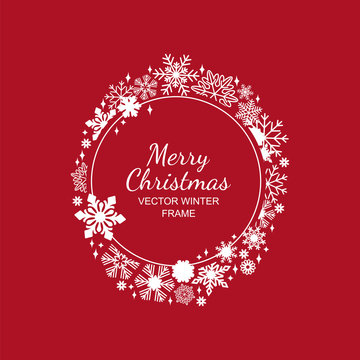 White circle snowflake frame isolated on red background, Christmas design. Vector illustration, merry xmas snow flake framework