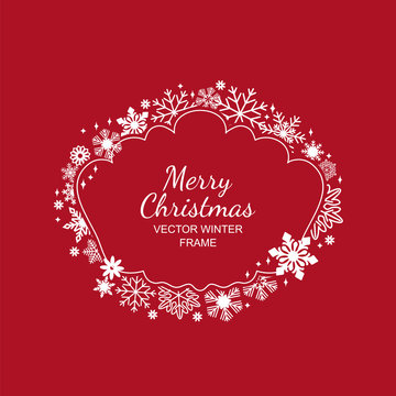 White snowflake frame, festive decoration on red background, Christmas design for invitation, greeting card or postcard. Vector illustration, merry xmas snow flake framework
