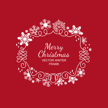 White snowflake frame, festive decoration on red background, Christmas design for invitation, greeting card or postcard. Vector illustration, merry xmas flake framework