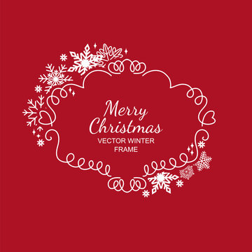 White snowflake frame, decoration on red background, Christmas design for invitation, greeting card or postcard. Vector illustration, merry xmas snow flake framework