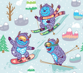 Cute yeti skiing in the mountain seamless pattern. Vector illustration - obrazy, fototapety, plakaty