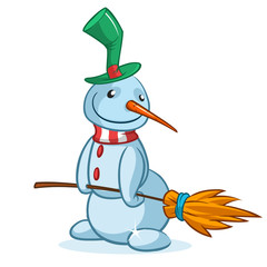 Funny cartoon snowman wearing hat and broom. Christmas snowman character illustration outlined and isolated
