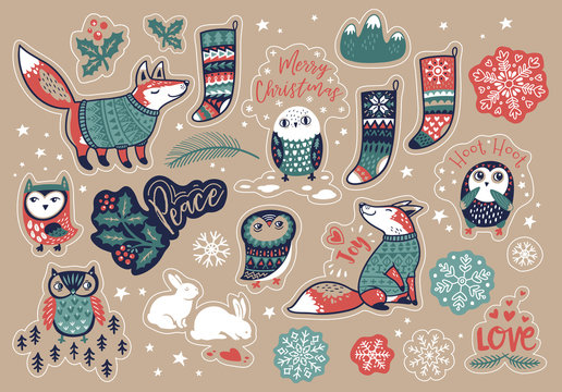 Vector set of cartoon stickers, patches or pins for Christmas