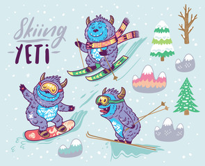 Set of cute yeti skiing in the mountain. Vector illustration - obrazy, fototapety, plakaty