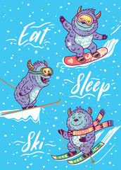 Naklejka premium Holiday card with funny skiing yettis. Vector illustration