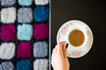 Top View Woman with Coffee Mug on Table