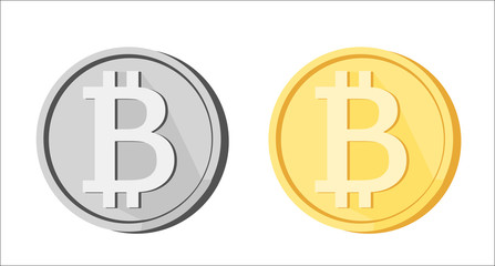 Bitcoin icons greyscale and golden yellow isolated on white background. Blockchain cryptocurrency BTC sign symbol token. Digital currency. Bitcoin satoshi mining. Vector design illustration.