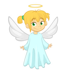 Cute happy cartoon girl angel character with white wings flying. Vector cartoon illustration isolated
