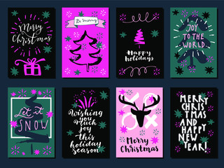 Naklejka premium Merry Christmas and Happy New Year vintage hand drawn greeting cards. Gift tags, postcards, calligraphic artwork