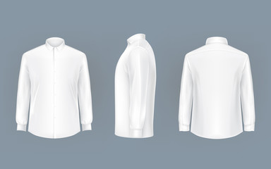 White male shirt with long sleeves and buttons in front, back and side view, isolated on a gray background. 3D realistic vector illustration, pattern formal or casual shirt
