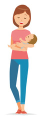 Illustration holding a baby by mommy wearing short sleeve clothes