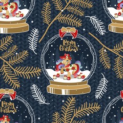 Holiday seamless pattern with Christmas unicorn and festive elements. Vector illustration.