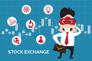 Illustration flat design of business man finding stock exchange on candlestick background