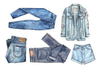 watercolor hand painted fashion denim. isolated elements collection