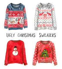ugly christmas sweaters. watercolor fashion sketches. isolated elements. - 180822617