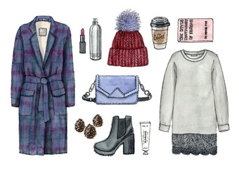 watercolor hand drawn sketch fashion outfit, a set of clothes and accessories. casual style. isolated elements