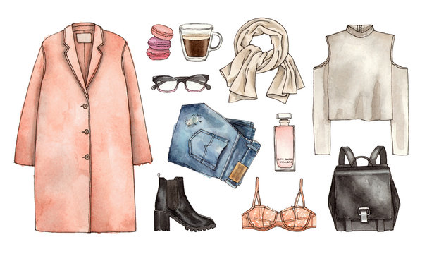 watercolor hand drawing sketch fashion outfit, a set of clothes and accessories. casual style. isolated elements