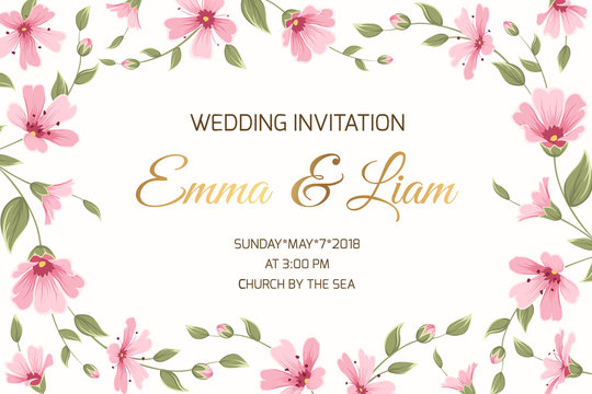 Wedding marriage event invitation card template. Gypsophila babys breath pink purple flowers border frame on white background. Horizontal landscape aspect ratio. Text placeholder. Save the date RSVP.