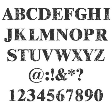 Vector stamp all Letters and numbers. Grunge texture. Vintage elements. Vector illustration. Dirty Letter Font. Distress alphabet. Hipster design number .