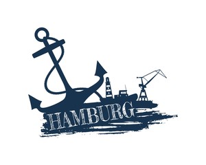 Anchor, lighthouse, ship and crane icons on brush stroke. Calligraphy inscription. Hamburg city name text © JEGAS RA